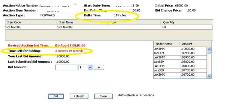 Bangalore BDA Auction screen Delta Time