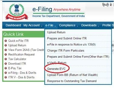 Generate Electronic Verification Code on efiling website income tax return