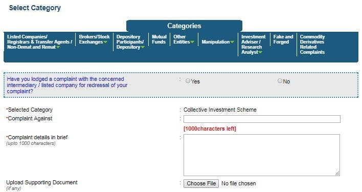 SEBI grievance redressal contact CIS SEBI Scores complaint registration track status