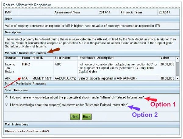 e-Sahyog online facility income tax return mismatch reponse summary options pic