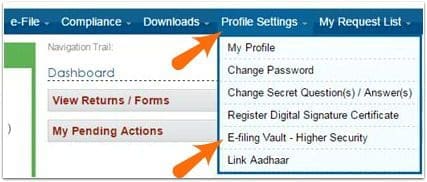 Income Tax efiling account E-filing Vault option pic