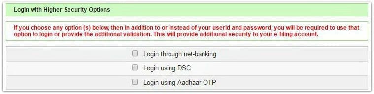 Income Tax efiling account login options Aadhaar OTP Netbanking Digital Singature pic