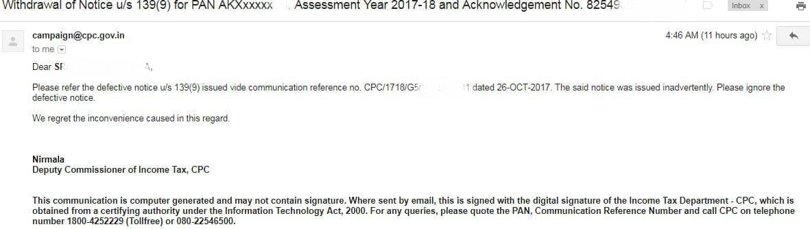 Defective return notice withdrawal email from the IT dept
