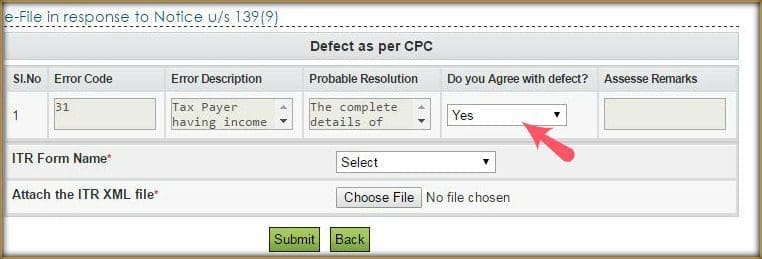 Response to defective return notice online upload revised ITR rectified itr xml file