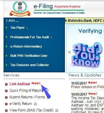 How to link Aadhaar number with PAN card income tax return filing ITR efiling portal pic