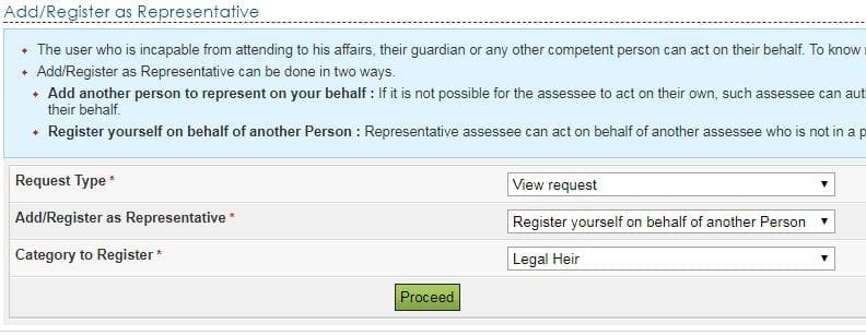 Legal heir of deceased login request status income tax efiling portal view request