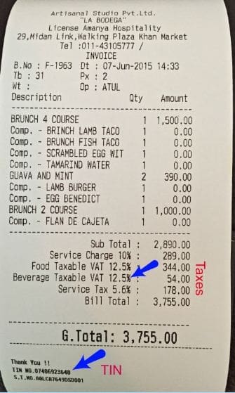 Bills TIN VAT Service Tax