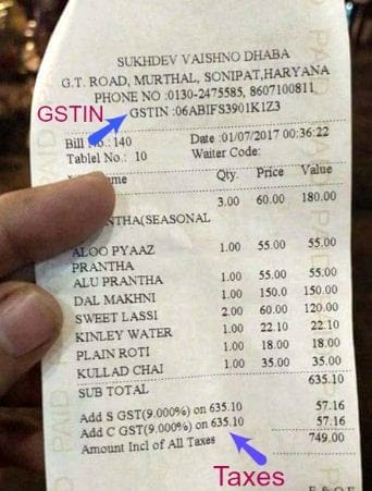 GST Hotel bill receipt with GSTIN State GST Central GST Tax rate