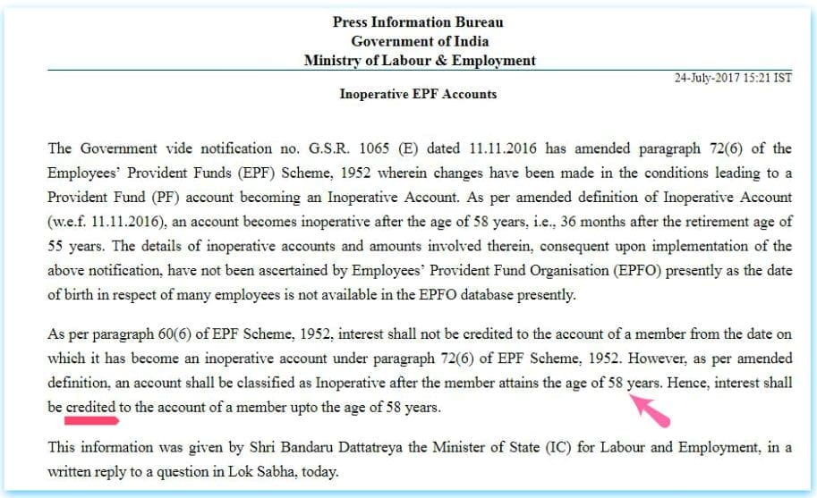 Interest on EPF accounts Old Dormant EPF accounts payable till 58 years retirement age Provident Fund pic
