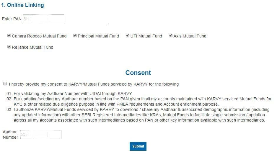 Karvy portal for mutual fund aadhaar number linking process online OTP