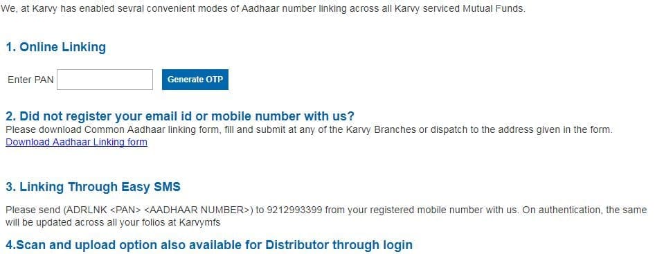 aadhaar number mutual fund folios link online Karvy Canara IDBI LIC Mirae Motilal Oswal Quantum UTI Mutual funds