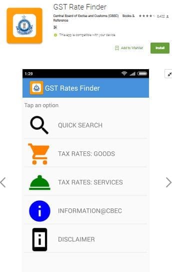 Govt Tax dept mobile app for GST Slab tax rate finder