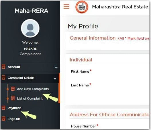 RERA complaint online fee payment neft rtgs