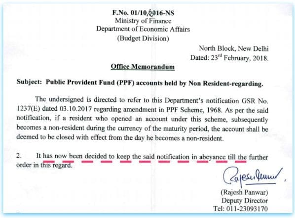 Govt new notification on NRI PPF accounts closure NRIs can continue PPF accounts 23 Feb 2018 circular pic