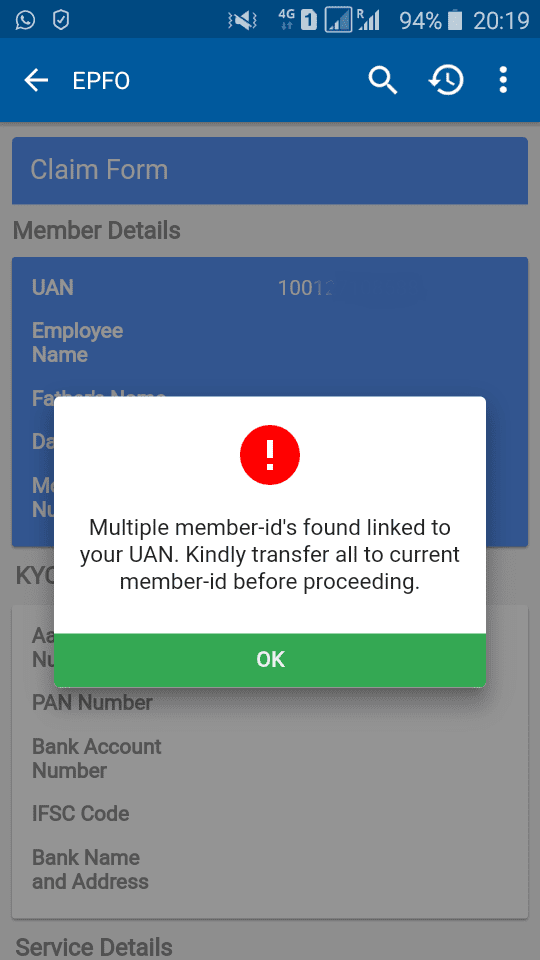 multiple EPF member IDs EPF accounts consolidate umang error message EPF transfer pic