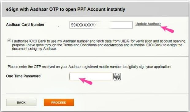 Enter Aadhaar OTP esign to open PPF account online instantly icici bank pic