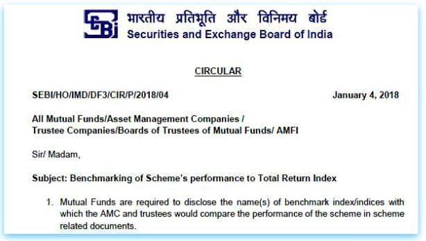 SEBI Circular notification 2018 on mutual fund perforamnce benchmarking with Total return index TRI pic