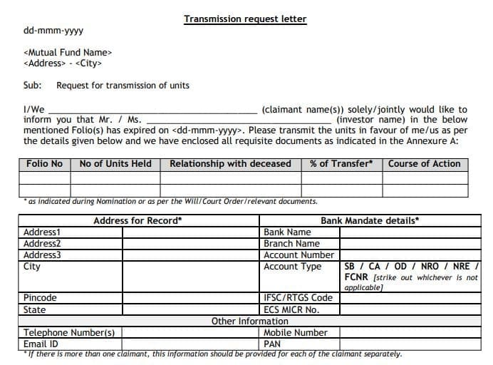 Download sample mutual fund units transmission request letter format template draft transfer of mutual fund units on death on unitholder