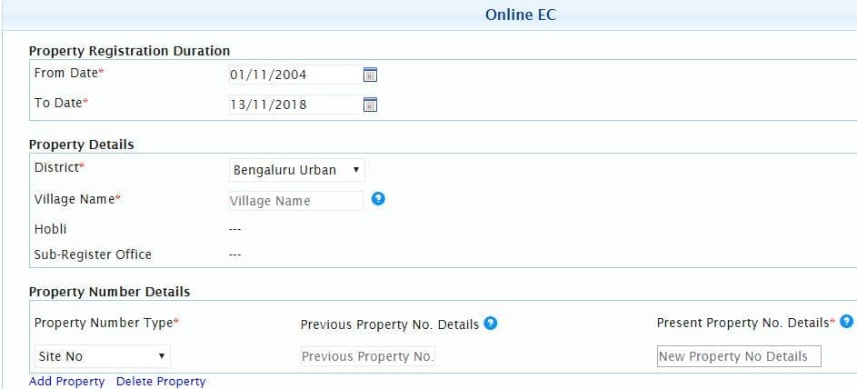 Property Details to get EC online digitally signed copy of Encumbrance certificate Karnataka Bengaluru bangalore