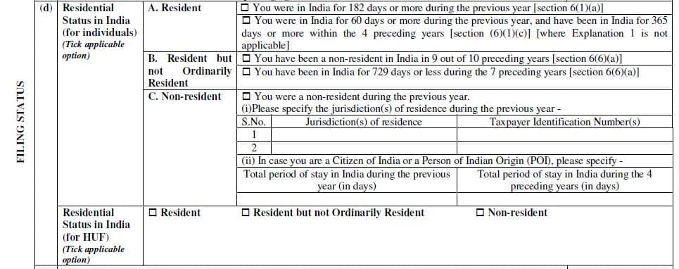 Residential Status reporting in ITR Form 2 ITR Form 3 AY 2019-20