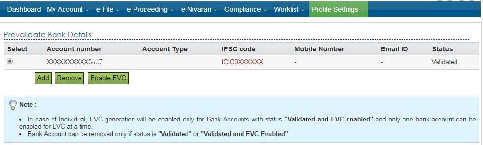Pre-validation status of linked Bank Account in E-filing portal
