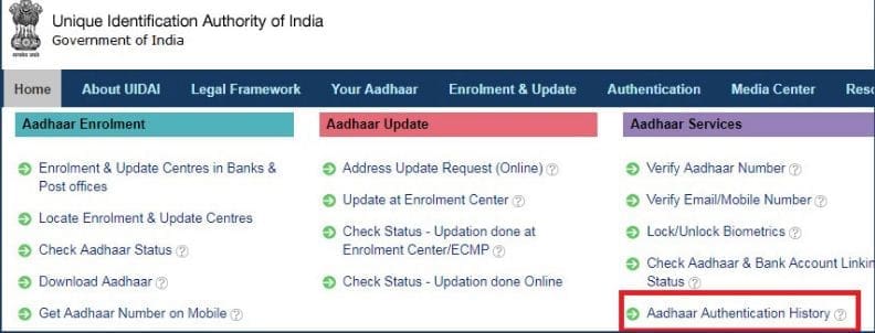 Check Aadhaar card number authentication history online UIDAI