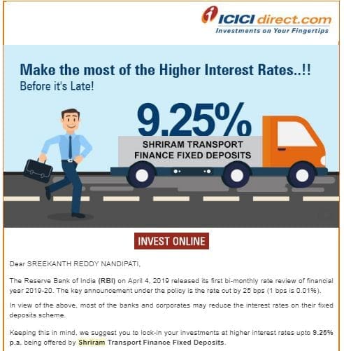 Company Fixed Deposit schemes promotional emails ads icicidirect