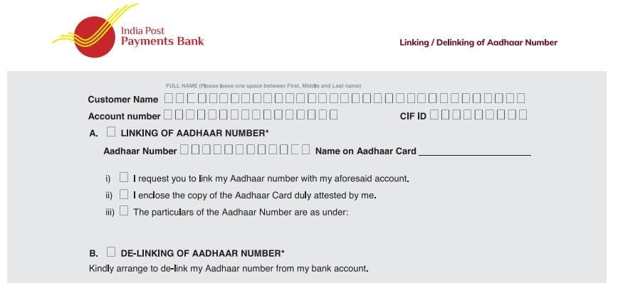 Download Aadhaar card number delinking form from Post office Payments Bank Account