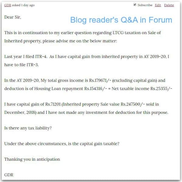 Relakhs blog reader's query on adjustment of ltcg againist income tax basic exemption limit tax implications pic