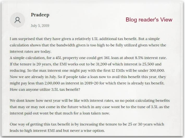 Blog reader's view on utility of new Section 80EEA & Rs 1.5 lakh additional Home Loan Tax Deduction
