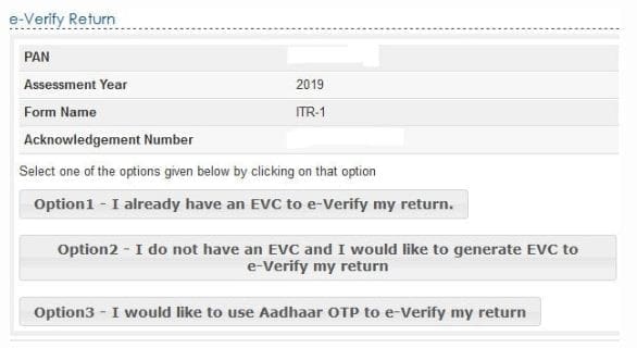 options to e verify ITR Aadhaar OTP Prevalidated bank account EVC Code