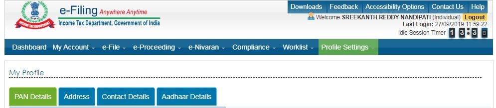 Check communication address income tax efiling portal pan details