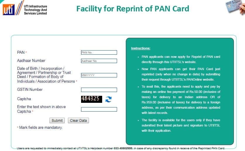 UTIITSL online facility for pan card reprint