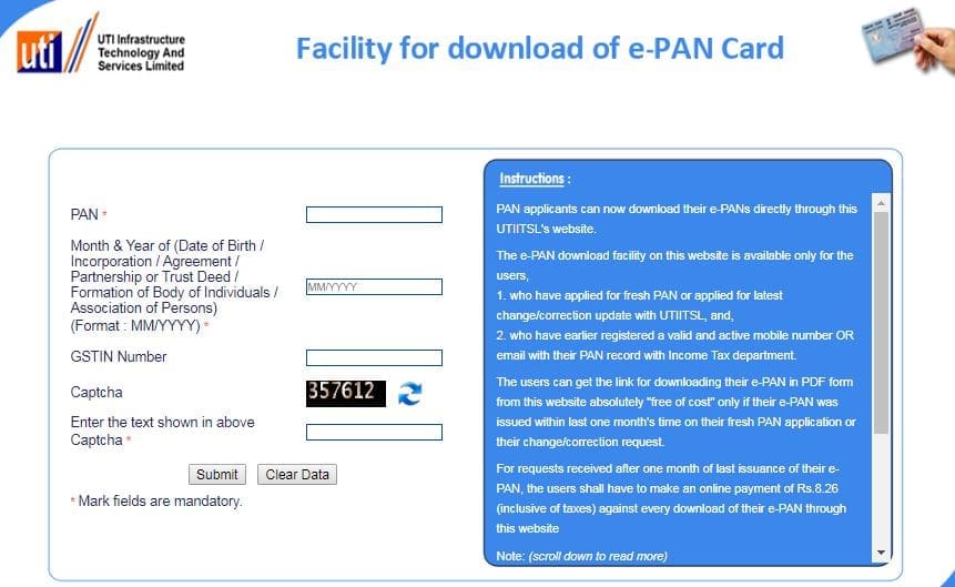 online facility to download ePAN card UTIITSL portal