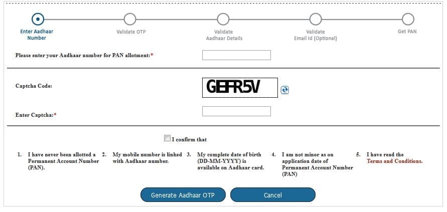 PAN instant allotment procedure aadhaar based mobile otp