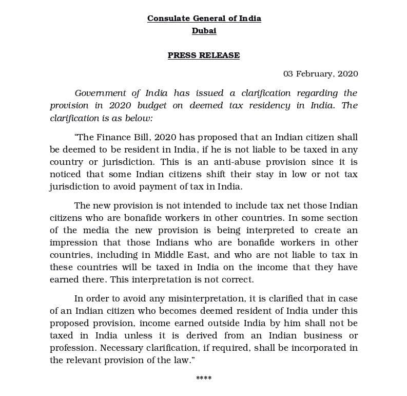 budget 2020 clarification on taxability of NRI income FY 2020-21 AY2021-22 NRI Residential Status