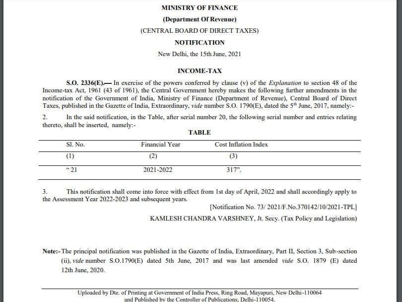 CII Index value 317 Cost Inflation index FY 2021-22 AY 2022-23 Notification
