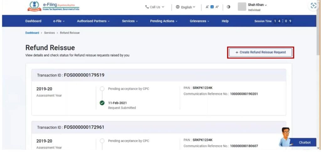 create refund reissue request concerned assessment year on efiling website 