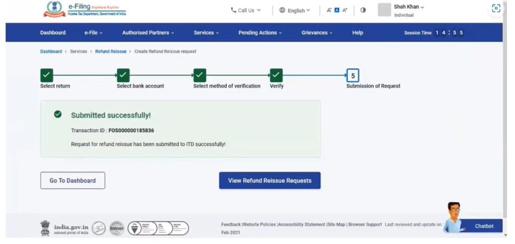 submission of income tax refund reissue request online view refund reissue request status