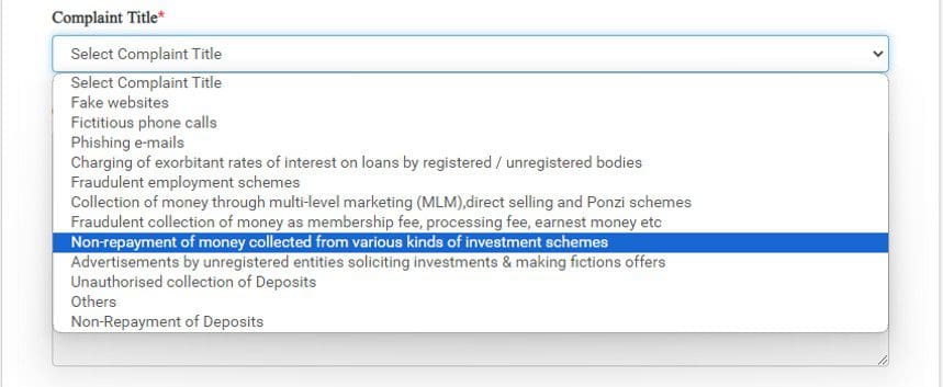 Complaint type on sachet rbi portal on illegal investment schemes 