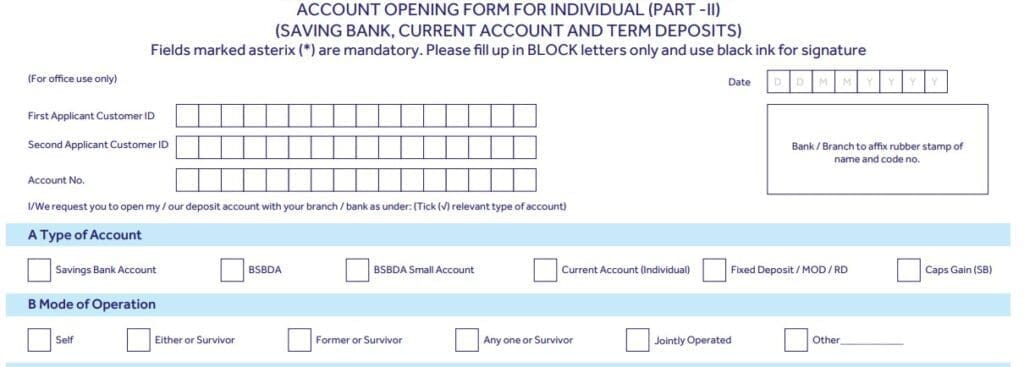 Joint Bank account opening form application mode of operation options