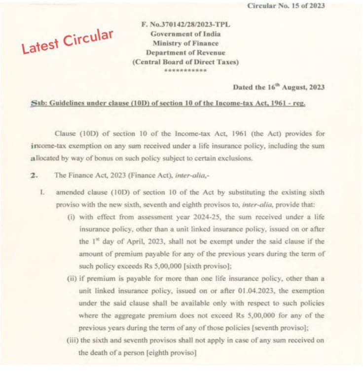 New law on taxabiity of life insurance policy maturity proceeds fy 2023-2024 ay 2024-25 sec 10 latest