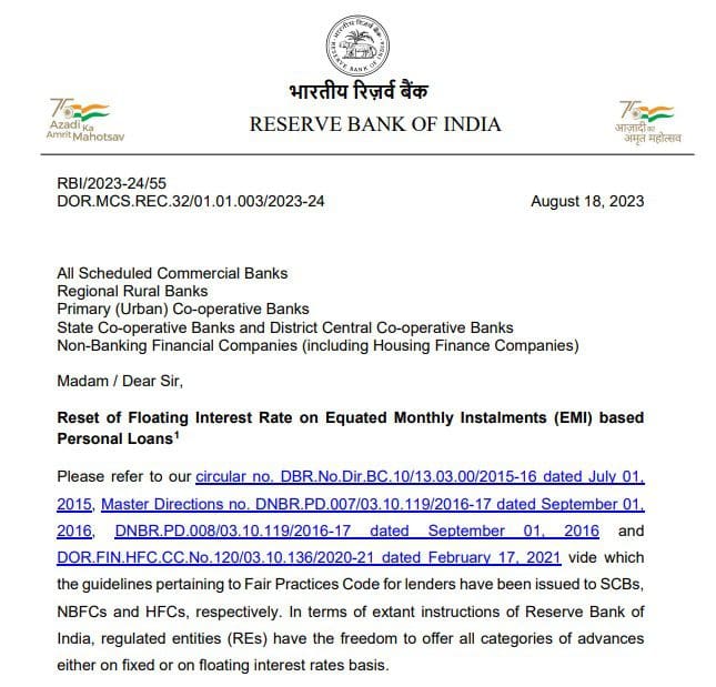 RBI latest floating rate reset rules on emi based loans 2023 circular 