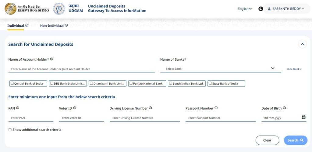 Search for unclaimed bank deposits rbi udgam facility portal