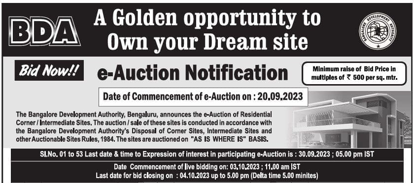 Latest BDA E-auction Sep-Oct 2023 | Details & Online Procedure