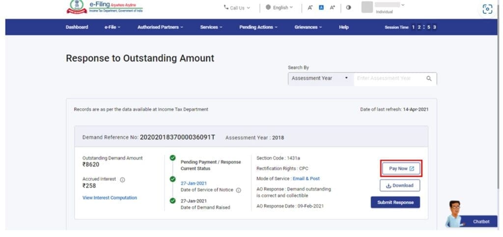 Pay outstanding income tax demand due online efiling portal