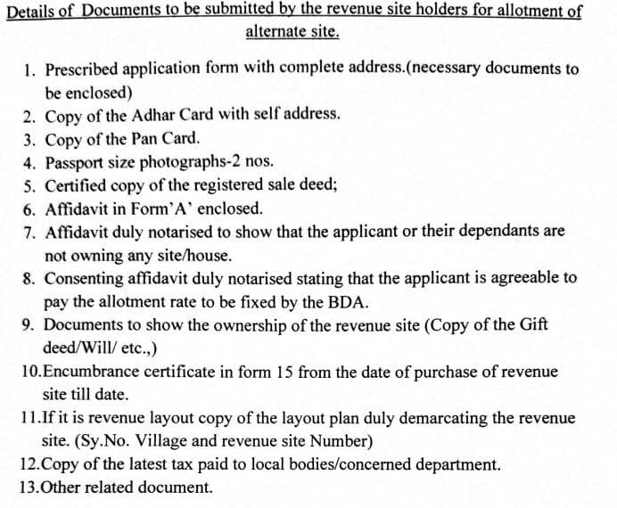 Required Documents for allotment of bda alternate site in Dr K Shivaram Karanth layout bangalore