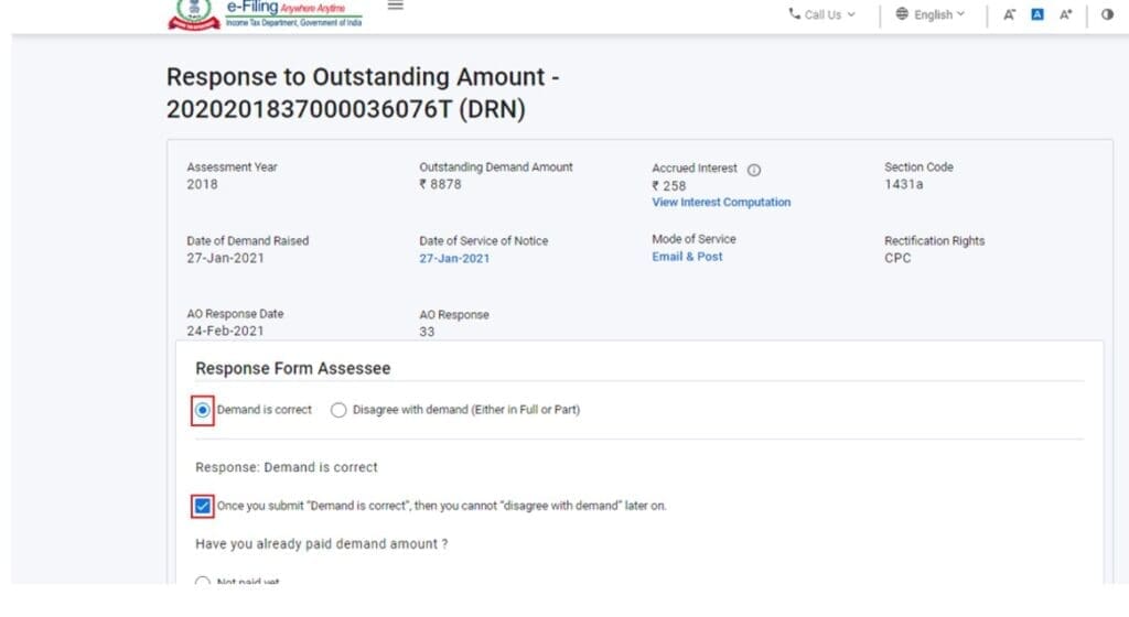 agree tax demand is correct and pay online