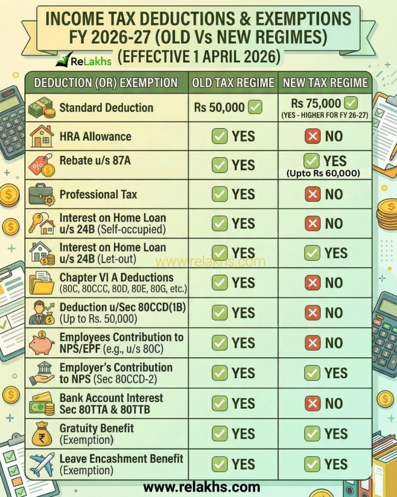 Income tax deductions list fy 2026-27 old vs new tax regimes ay 2027-28 latest