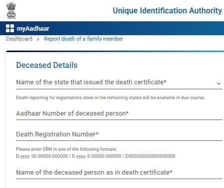 aadhaar portal service for reporting death of a family member online process